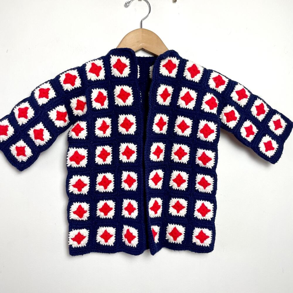 Vintage Handmade Crochet Coat Sweater Kids 3T‎ Granny Square Cottagecore Boho